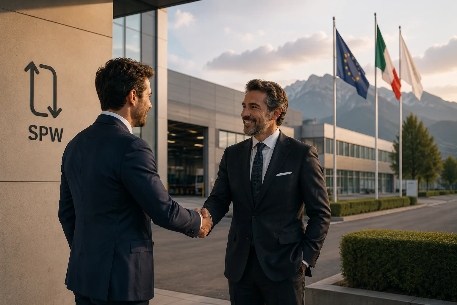 Handshake sealing a market entry partnership at an Italian manufacturing facility
